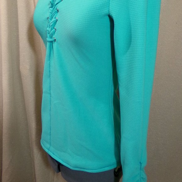New Lace up Henley T-shirt Top XS Mint Green Bullet texture fabric Ruched sleeve - Picture 6 of 9